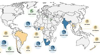 Weltkarte mit 14 Projekten der NOW im Rahmen der EXI