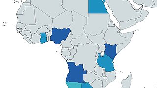 Karte von Afrika mit folgenden markierten Ländern: Nigeria, Kenia, Tansania, Kap Verde, Südafrika, Namibia, Botswana, Ägypten, Ghana, Angola