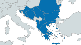 Karte mit folgenden markierten Ländern: Albanien, Bosnien und Herzegowina, Bulgarien, Griechenland, Kroatien, Nordmazedonien, Rumänien, Serbien und Slowenien