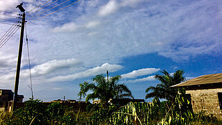 flaches Haus in Ghana, davor Pflanzen und ein Strommast
