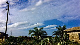 flaches Haus in Ghana, davor Pflanzen und ein Strommast