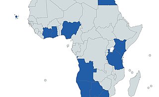 Karte von Afrika mit folgenden markierten Ländern: Nigeria, Kenia, Tansania, Kap Verde, Südafrika, Namibia, Botswana, Ägypten, Ghana, Angola