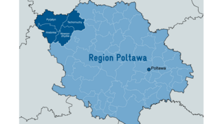 Kartenausschnitt der Region Poltawa in der Ukraine, die vier Projekt-Gemeinden befinden sich im Nordwesten der Region